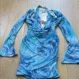 Oh Polly Blue Floral Mesh Long-Sleeve Cowl Dress